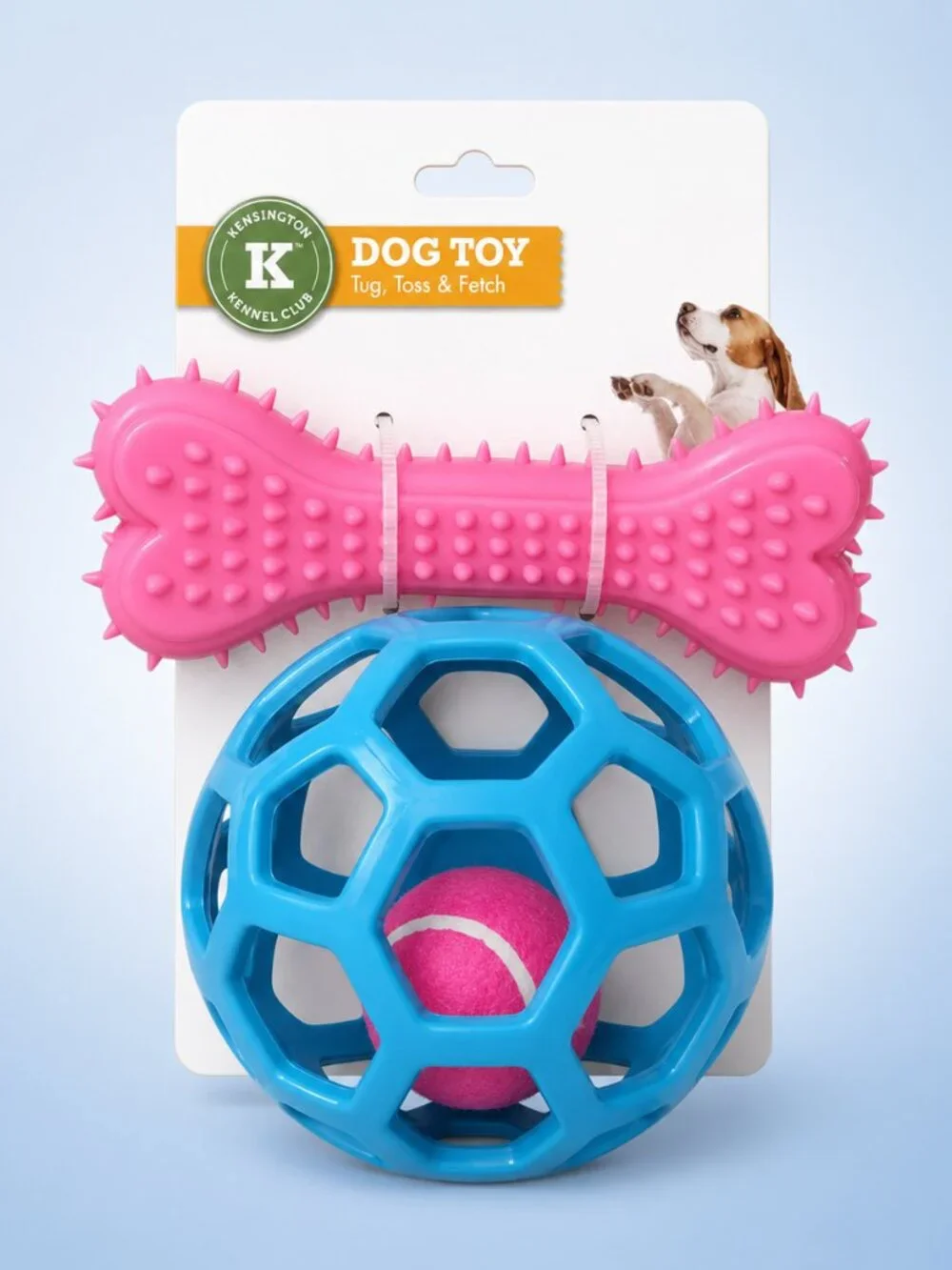 Kensington Kennel Club Dog Toy Set Pink Bone Blue Ball Tug Toss Fetch New